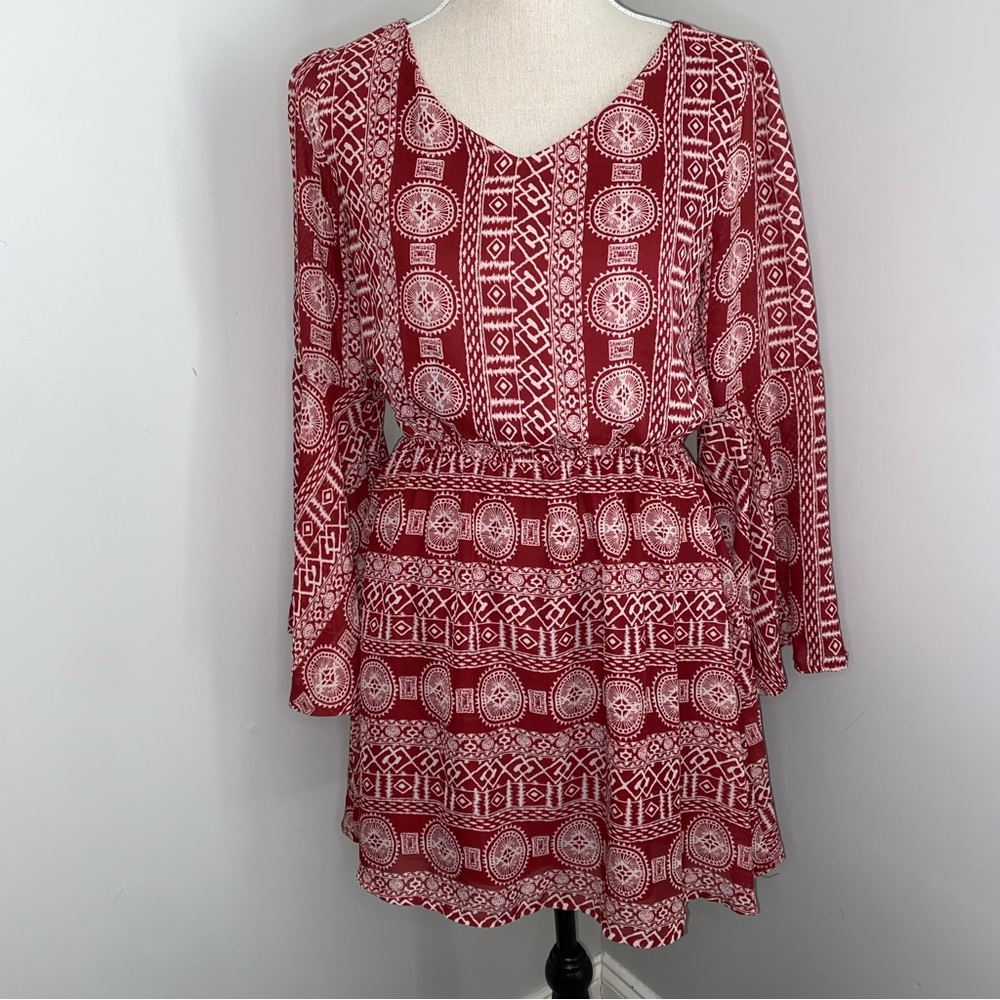 Fashion Union tribal print cinnamon red bell sleeve elastic waist dress sz 4 XS